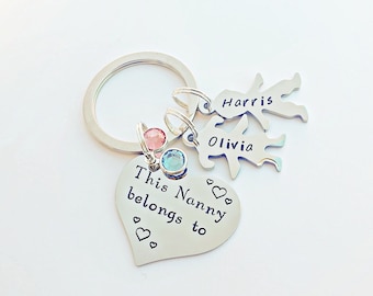 Personalised This Nanny Belong to Keyring Gift: Heart with Birthstones and Grandchildrens Names