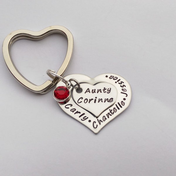 Porte-clés coeur tantine personnalisé : cadeau tante pour soeur avec noms de nièce ou de neveu