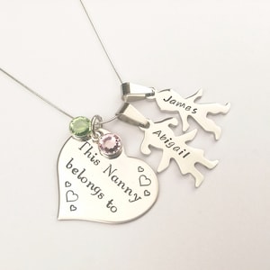 Personalised This Nanny Belongs to Necklace: Heart with Custom Kids Name Charms and Birthstones