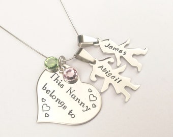 Personalised This Nanny Belongs to Necklace: Heart with Custom Kids Name Charms and Birthstones