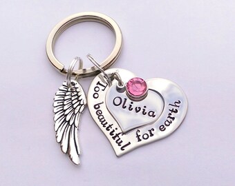 Personalised memorial keyring - Too beautiful for earth - personalized memorial keychain - remembrance  - bereavement gifts presents
