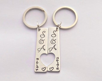 Personalized Aluminum Anniversary Keychains: Heart Cutout, Initials & Date, Couples Gift