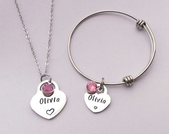 Personalised Girls Jewellery Set: Heart Necklace & Bracelet, gift for daughter, niece, grandaughter