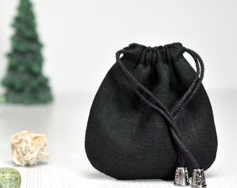 Small Black Lined Drawstring pouch: Natural Storage bag for Jewelry, Game dice, Runes