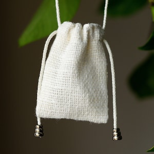 Breathable linen medicine pouch necklace Crystal neck bag with adjustable neck strap 2 x 2.5 inch Mini drawstring amulet bag Off white Black