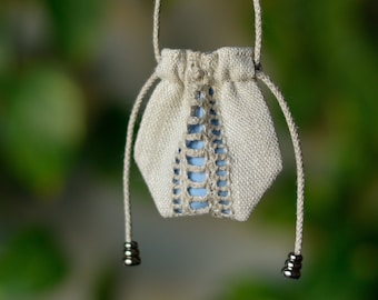 Medicine bag necklace protective crystal bag amulet holder, Linen beige with sky-blue, blush, lilac or beige