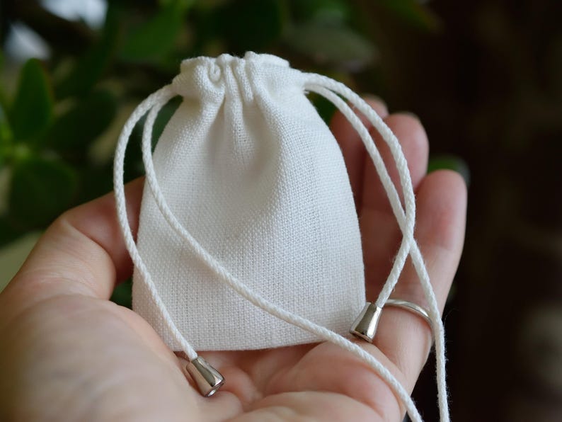 Natural medicine bag, Small necklace pouch with adjustable neck strap 2x2.5 inch / Unbleached cotton, Black or Off-white linen image 8