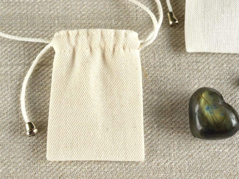 Natural medicine bag, Small necklace pouch with adjustable neck strap 2x2.5 inch / Unbleached cotton, Black or Off-white linen Unbleached cotton