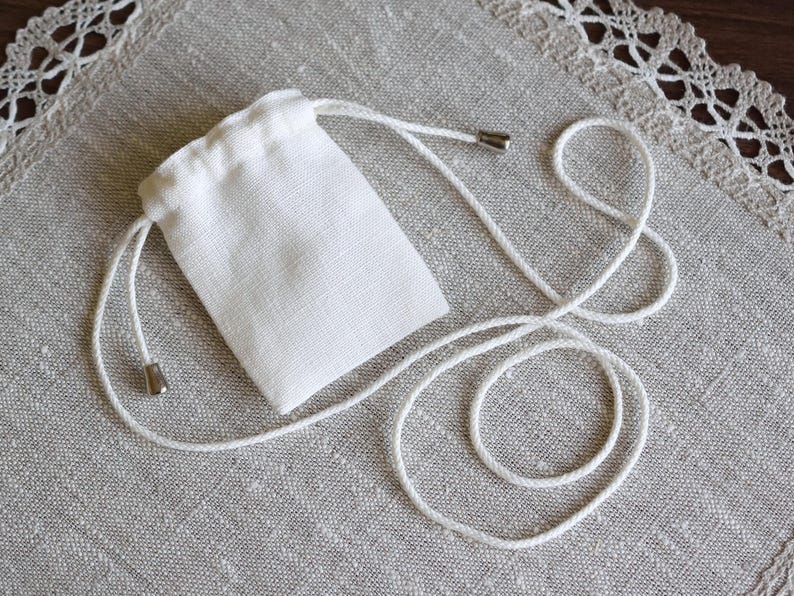 Natural medicine bag, Small necklace pouch with adjustable neck strap 2x2.5 inch / Unbleached cotton, Black or Off-white linen image 3