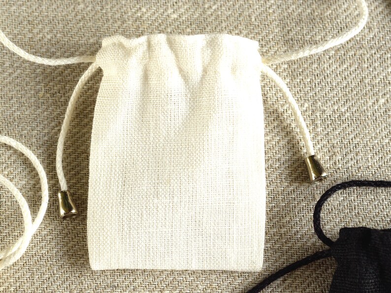 Natural medicine bag, Small necklace pouch with adjustable neck strap 2x2.5 inch / Unbleached cotton, Black or Off-white linen Off white linen