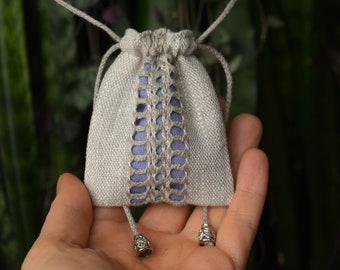 Amulet pouch necklace Mini drawstring neck purse for gemstones Embroidered linen medicine bag with drawstring 2.5 x 3 inch crystal bag lilac