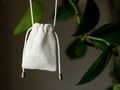 Breathable linen medicine pouch necklace Crystal neck bag with adjustable neck strap 2 x 2.5 inch Mini drawstring amulet bag Off white Black product logo