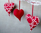 Hanging hearts Christmas tree ornaments Xmas tree decorations Stuffed fabric hearts Red dotted hearts Set of 5 pcs
