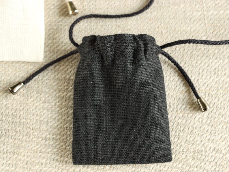 Natural medicine bag, Small necklace pouch with adjustable neck strap 2x2.5 inch / Unbleached cotton, Black or Off-white linen Black linen