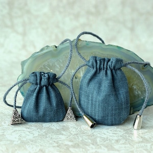 Small and Tiny Drawstring Neck Pouch Necklace: Muted Blue Travel Medicine bag