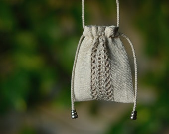 Crystal medicine bag necklace Beige linen stone pouch neck bag Embroidered satchel necklace 2 x 3 inch