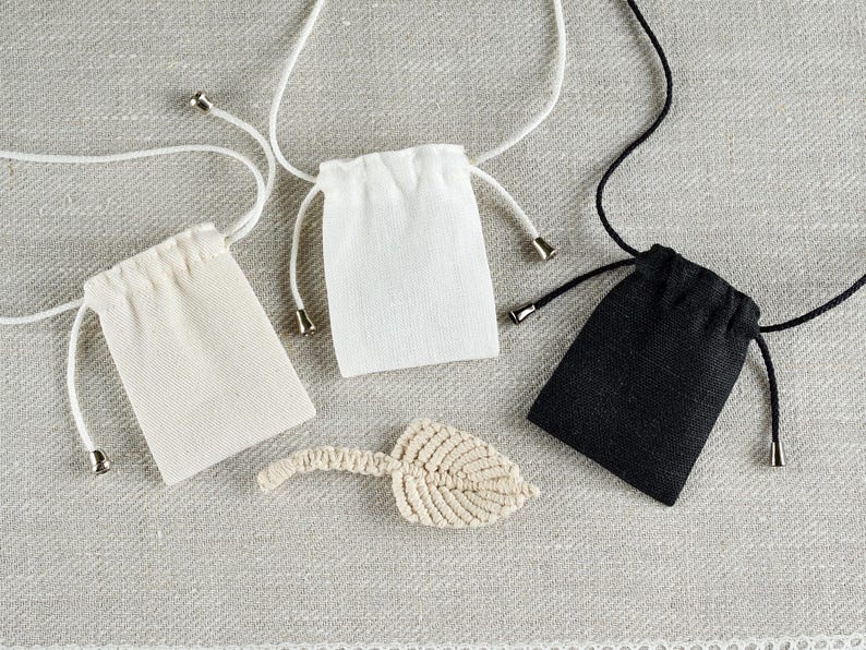 Natural medicine bag, Small necklace pouch with adjustable neck strap 2x2.5 inch / Unbleached cotton, Black or Off-white linen image 2