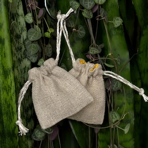 Op de afbeelding: Twee kleine, beige trekkoordzakjes met witte koorden hangen tegen een achtergrond van groen gebladerte. De zakjes hebben een textuur en een eenvoudig ontwerp, met een gele accent bovenaan. De natuurlijke omgeving versterkt de rustieke charme van de zakjes.