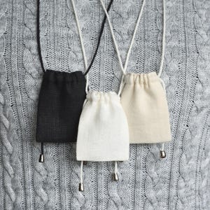 Natural medicine bag, Small necklace pouch with adjustable neck strap 2x2.5 inch / Unbleached cotton, Black or Off-white linen image 1