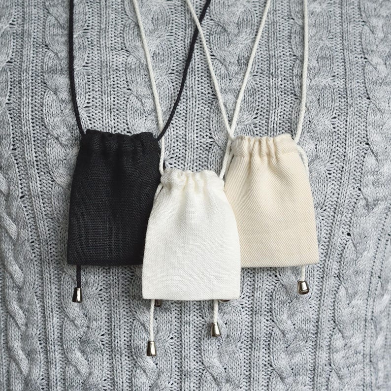 Natural medicine bag, Small necklace pouch with adjustable neck strap 2x2.5 inch / Unbleached cotton, Black or Off-white linen image 1