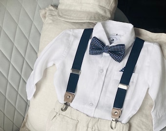 Boys white linen shirt, navy blue suspenders and bowtie with beige tan linen pants or shorts page boy ring bearer christening baptism outfit