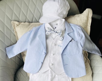 Boys complete Baptism suit with white linen shirt, vest, shorts or pants, suspenders, blue bow tie and optional shoes,cap,jacket and bunny