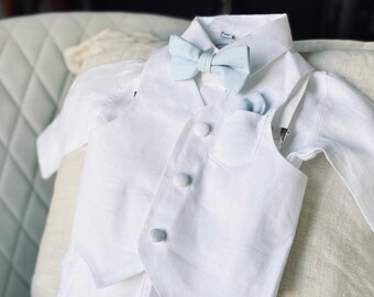 White linen customised Baptism outfit for babies and toddlers from Raphael Jr
