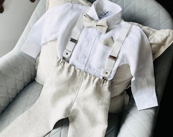 Beige linen Baptism or Pageboy outfit with linen shirt, beige pants, suspenders and bow tie plus optional embroidery, cap, shoes, jacket