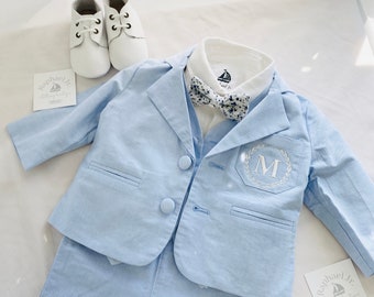 Boys complete suit with baby blue shorts,vest,bow tie,white linen shirt,suspenders and optional jacket,cap,shoes