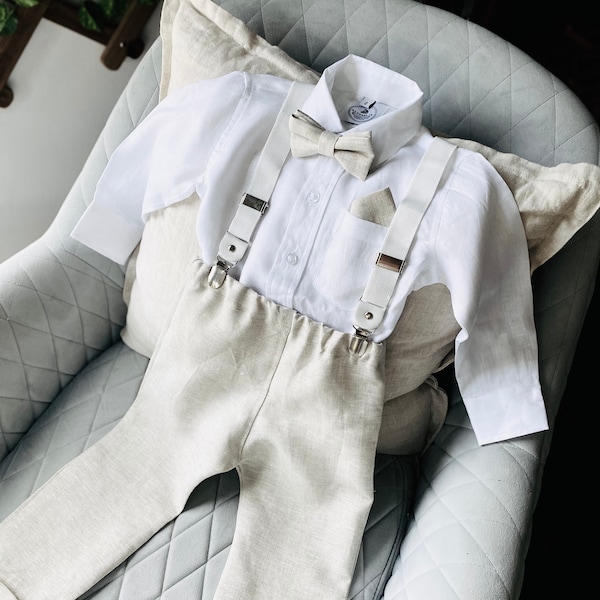 Beige linen Baptism or Pageboy outfit with linen shirt, beige pants, suspenders and bow tie plus optional embroidery, cap, shoes, jacket