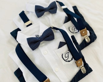 Boys navy blue linen suit with white shirt, navy blue bowtie and suspenders, pants and Optional white linen jacket, shoes and hat