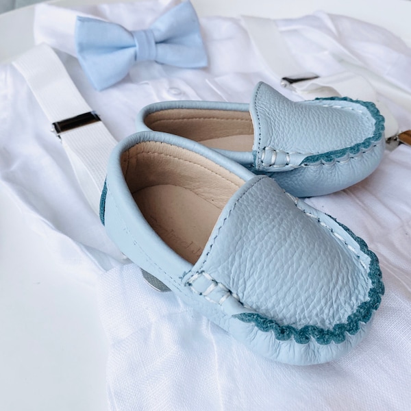 Genuine leather baby blue baby christening baptism shoes loafers from 0-6m to 2 years.