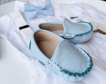 Genuine leather baby blue baby christening baptism shoes loafers from 0-6m to 2 years.