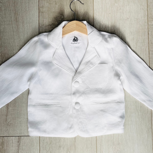 Boys white linen blazer jacket for Baptisms and weddings, optional embroidery, matching bow tie