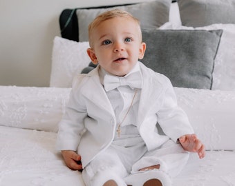 Boys white linen shirt, linen pants, suspenders and bow tie baptism christening outfit with optional shoes,cap,embroidery, jacket