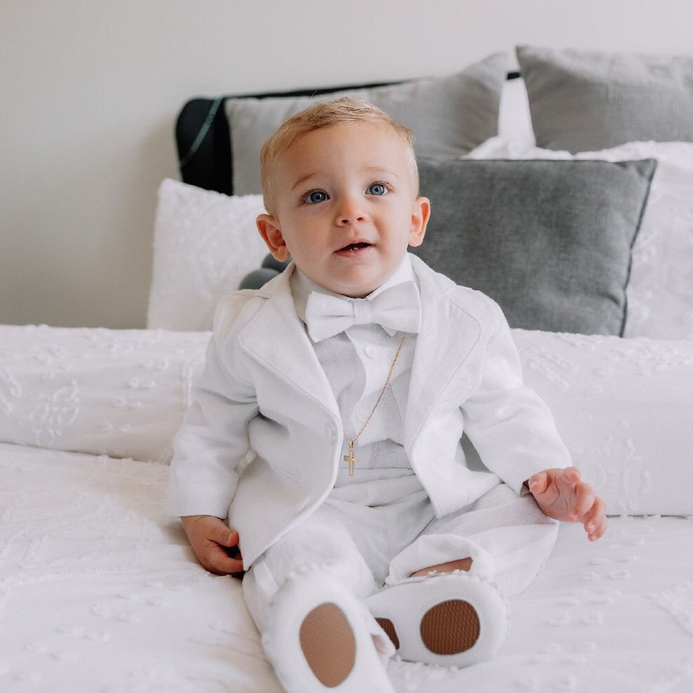 New Fashion Boys White Linen Shirt, Linen Pants, Suspenders And Bow Tie Catholic Baptism Christening Outfit With Optional Shoes, Cap, Embroidery, Jacket