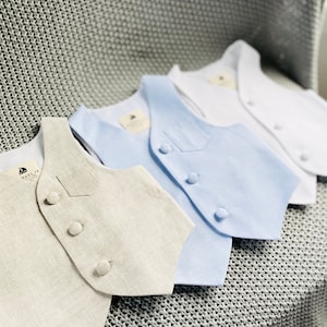 Linen cotton boys beige, white, navy or pale blue vest waistcoat with optional monogram embroidery