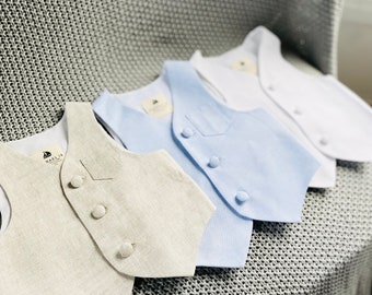 Linen cotton boys beige, white or pale blue vest waistcoat for Baptisms with optional monogram embroidery