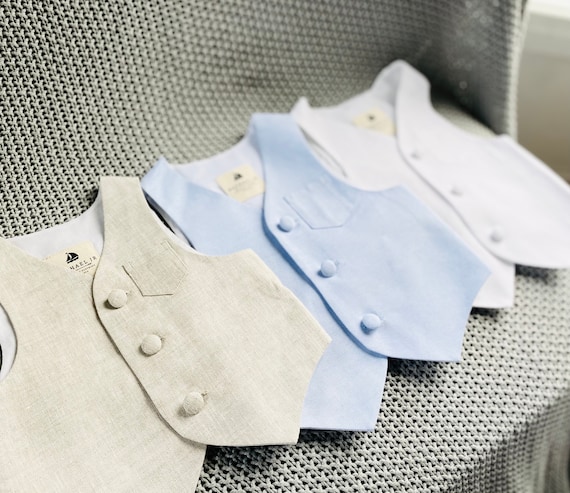 Linen Cotton Boys Beige White or Pale Blue Vest Waistcoat for | Etsy