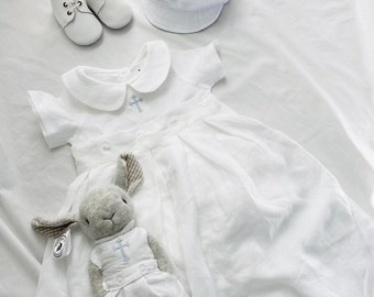 White Linen Baptism or Christening full gown with romper underneath- removable skirt with optional monogram, shoes and hat