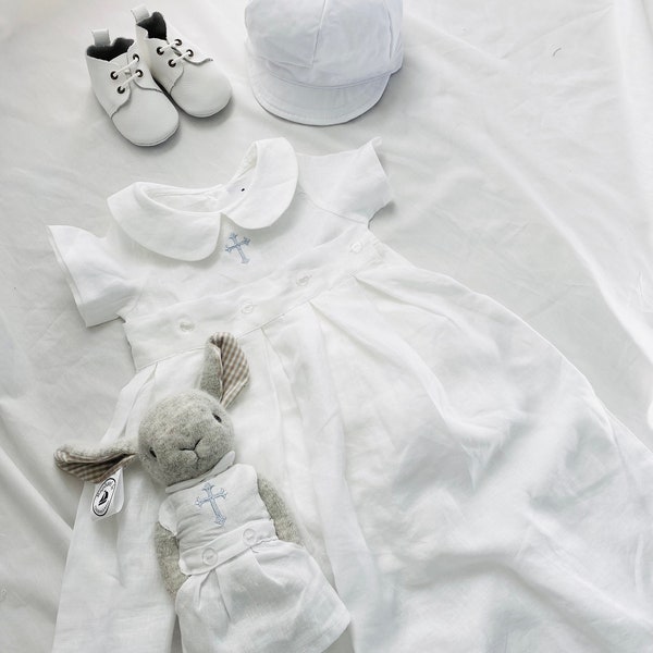 White Linen Baptism or Christening full gown with romper underneath- removable skirt with optional monogram, shoes and hat