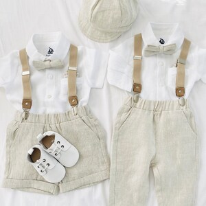 Boys Linen Shirt, Beige Shorts or Pants and Suspenders and ...
