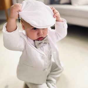 Baby boys white linen flat hat cap sizes 000-6 for baptism christening image 4