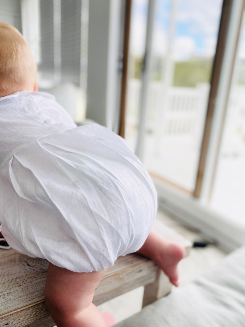 Linen Baptism peter pan collar romper outfit with optional embroidery customisation image 5