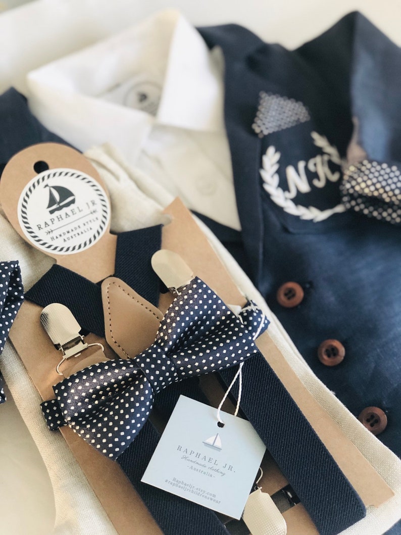 Navy blue children/'s suspenders with blue dot bowtie set fits 6months 6 years