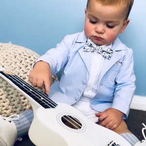 Boys baptism, wedding or birthday suit with white linen shirt, pants, suspenders, bowtie, and Optional baby blue jacket, shoes and hat