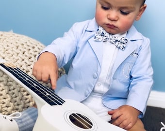 Boys baptism, wedding or birthday suit with white linen shirt, pants, suspenders, bowtie, and Optional baby blue jacket, shoes and hat