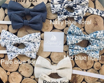 Mens linen/blue chambray/navy floral/navy dot bow tie and pocket square set