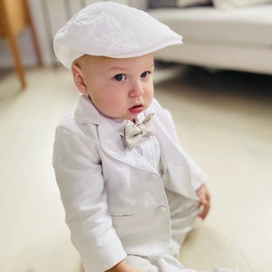 Boys white linen shirt, linen pants, suspenders and bow tie baptism christening outfit with optional shoes,cap,embroidery, jacket outfit jacket cap