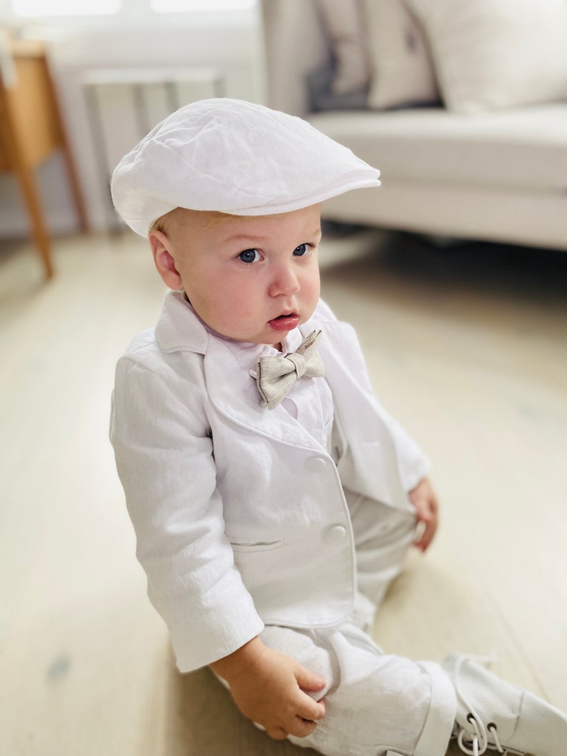 Boys white linen shirt, linen pants, suspenders and bow tie baptism christening outfit with optional shoes,cap,embroidery, jacket outfit jacket cap